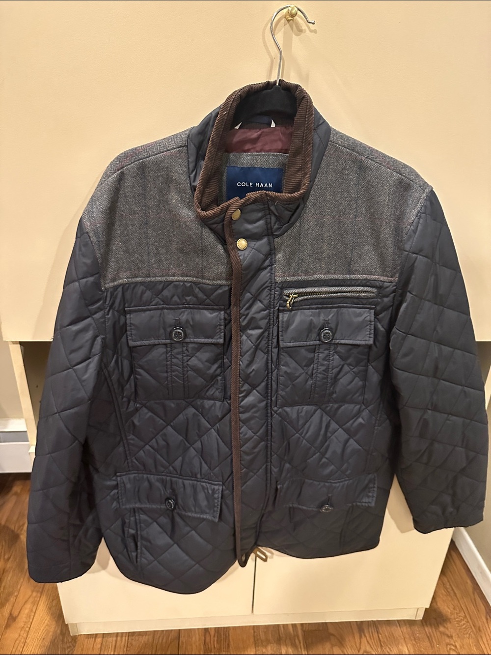 Cole Haan Quilted Navy Puffer Jacket with Charcoal Yoke